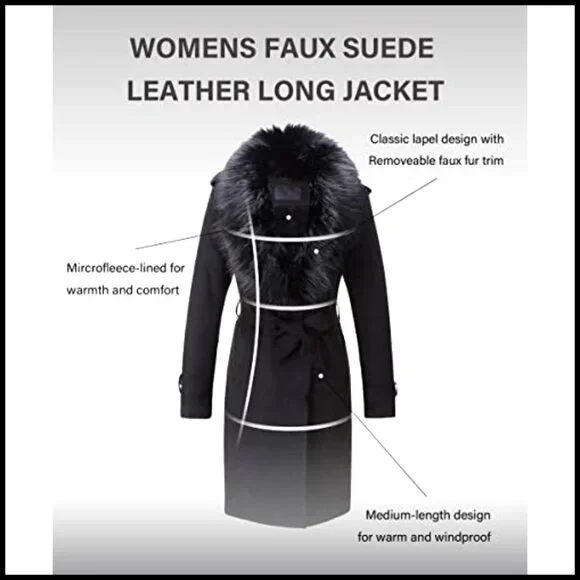 Faux Leather Trench Coat Fleece-Lined Mid-Length Detachable Fur Collar